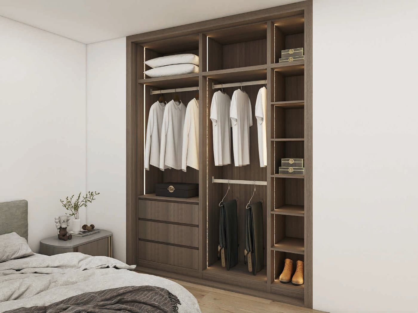 A fitted wardrobe with a tailored interior layout