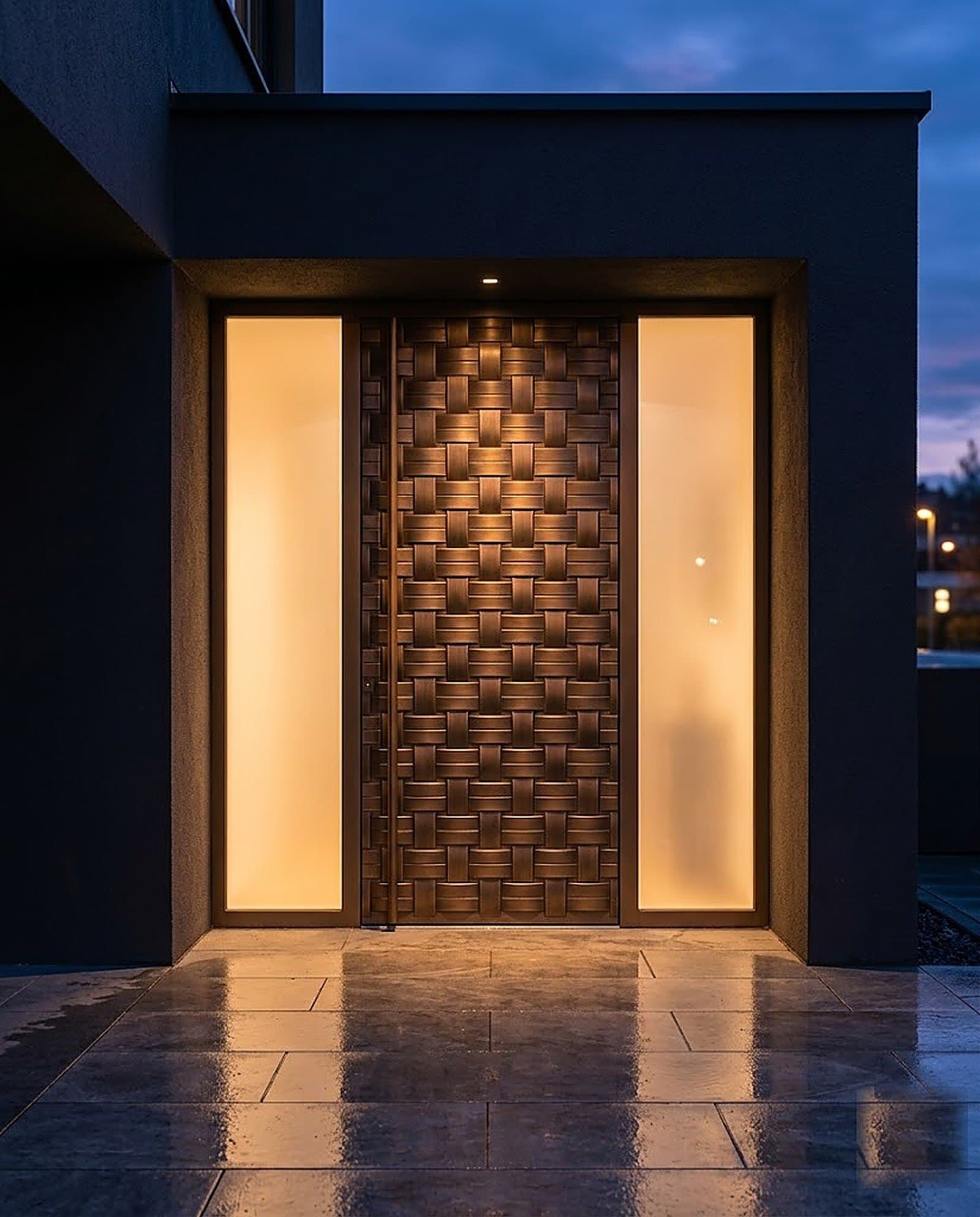 Woven Bronze Door with Lit Sidelights