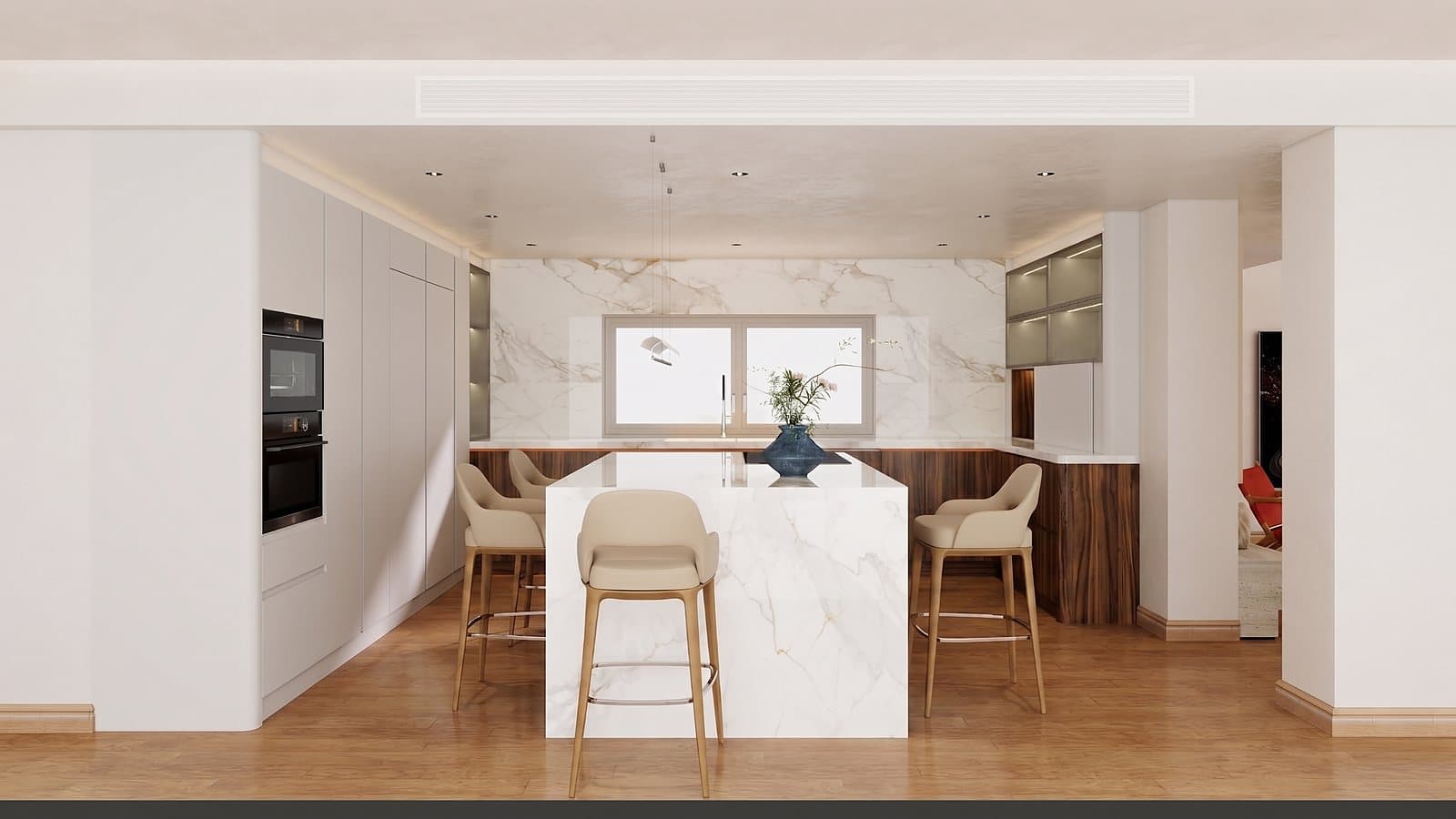 A kitchen island with a stone waterfall worktop