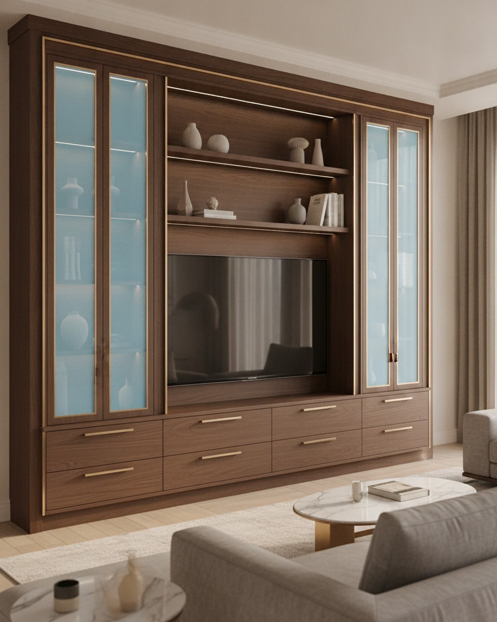 Walnut & Blue Media Wall