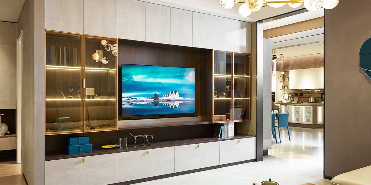 A bright media wall, floor to ceiling