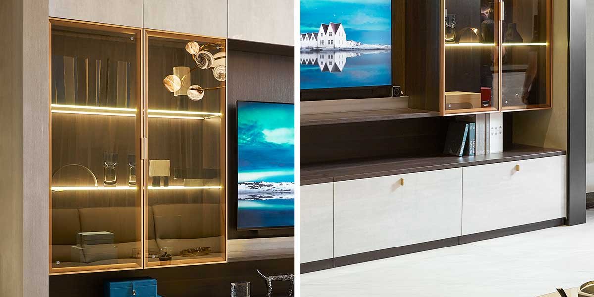 A bright media wall, floor to ceiling