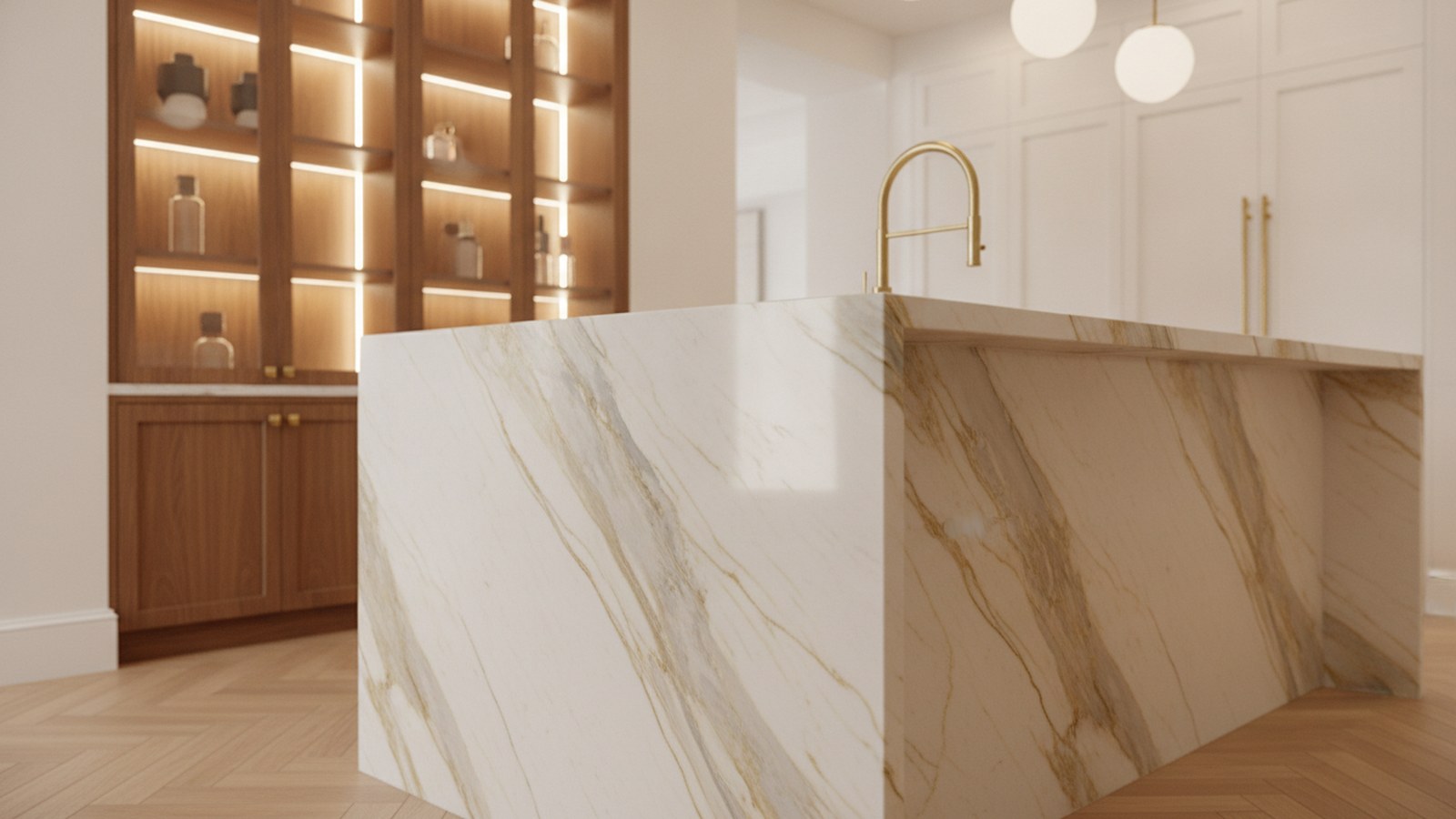 A gold-marble island