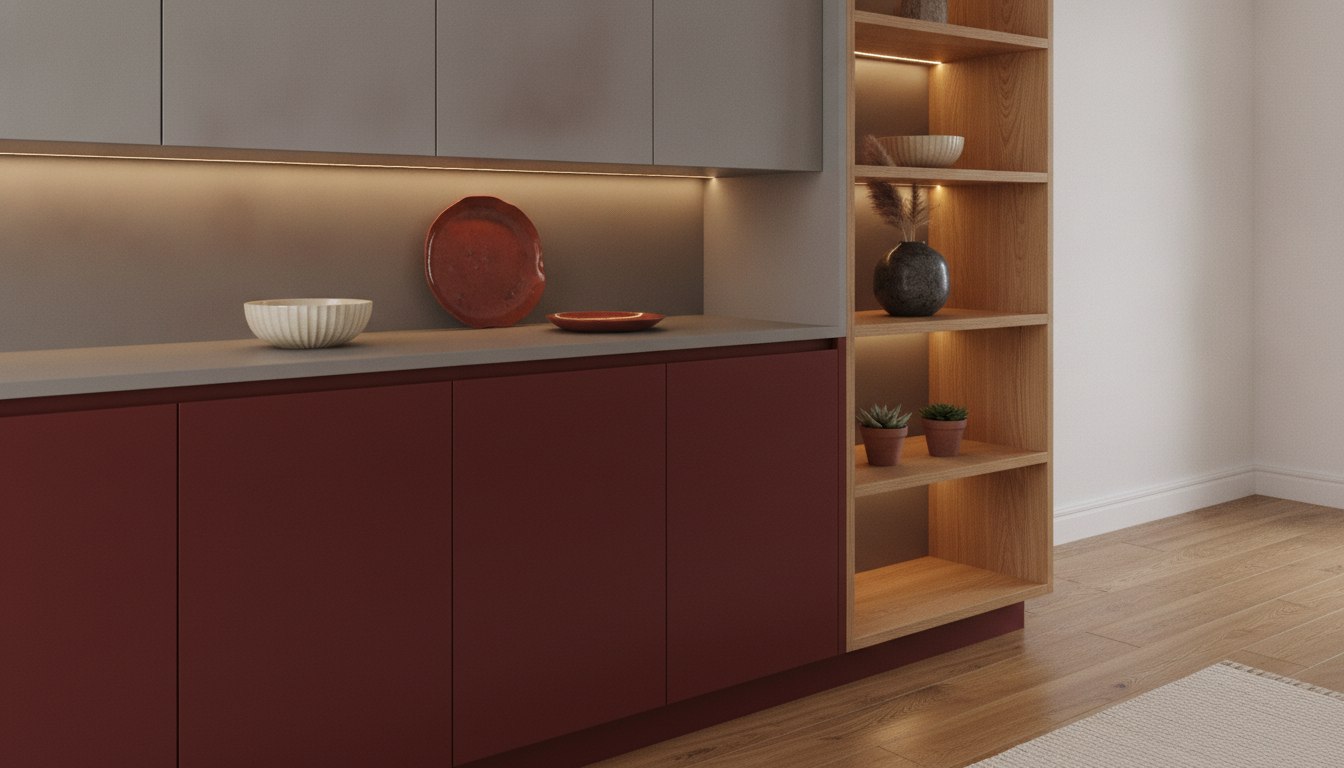 Open shelving with a warm glow