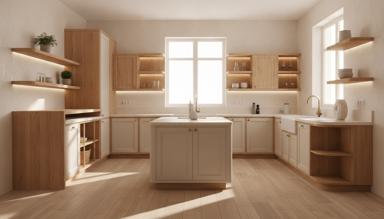 Cream and natural wood, softly lit