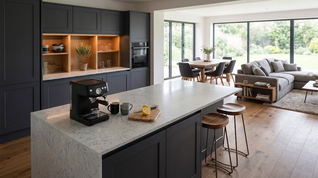 A breakfast-bar island