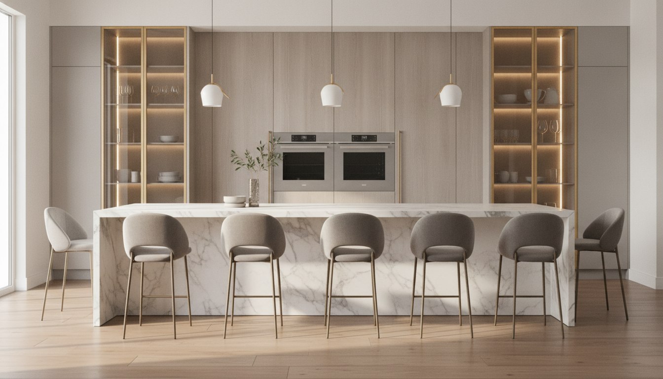 A marble waterfall island for dining
