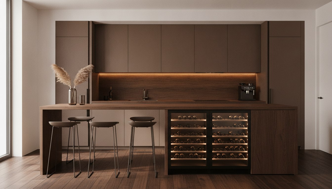 Island bar and lit wine storage