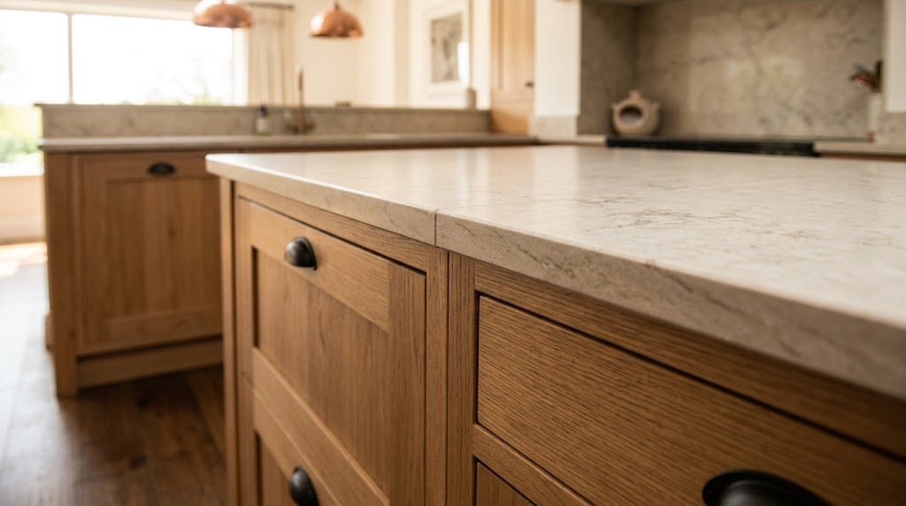Warm timber, bright stone