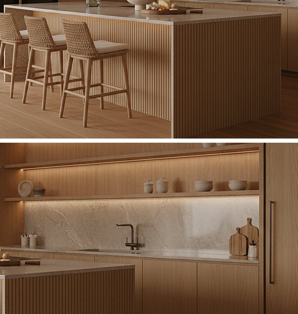Warm Oak Fluted Island Kitchen — design collage